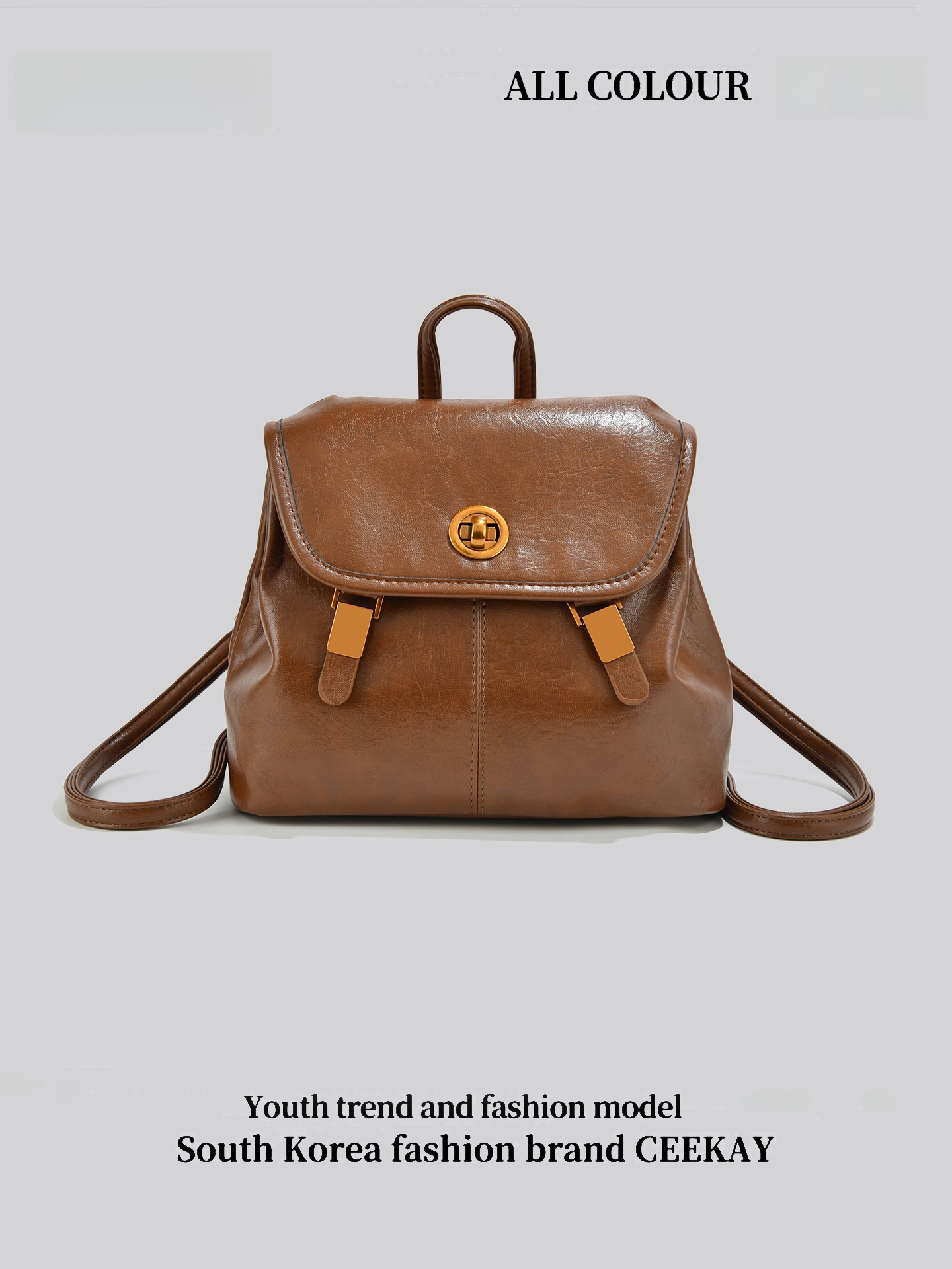 Leather Backpack Vintage - ซีเคย์กระเป๋าเป้สะพายหลังหนังสไตล์เรโทร กระเป๋าสำหรับเดินทางของผู้หญิง ดีไซน์ฝาพับ สไตล์วินเทจอเมริกัน ความแข็งปานกลาง หูหิ้วนุ่ม